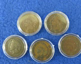 Lot 199. Five Indian head pennies. See photos for dates listed by the seller