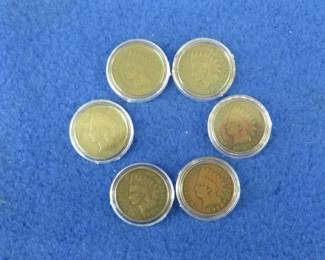 Lot 197. Six Indian head pennies. See photos for dates listed by the seller