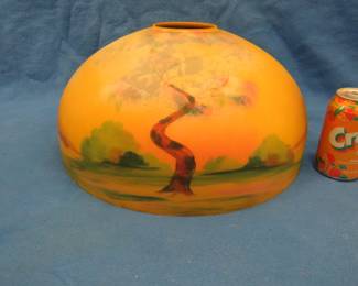 Lot 51. Reverse painted shade for an Aladdin lamp. Does have paint peeling/loss issues.