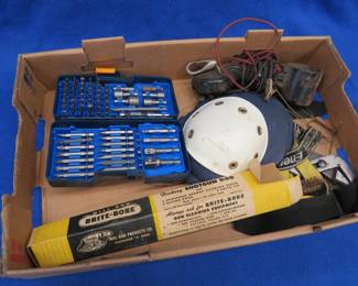 Lot 259. Ryobi bit set, hand tools, and old gun bore cleaning kit, and more