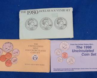 Lot 149. 1980 Dollar Souvenir Set. 1990 & 1998 P&D U.S. Mint uncirculated coin sets