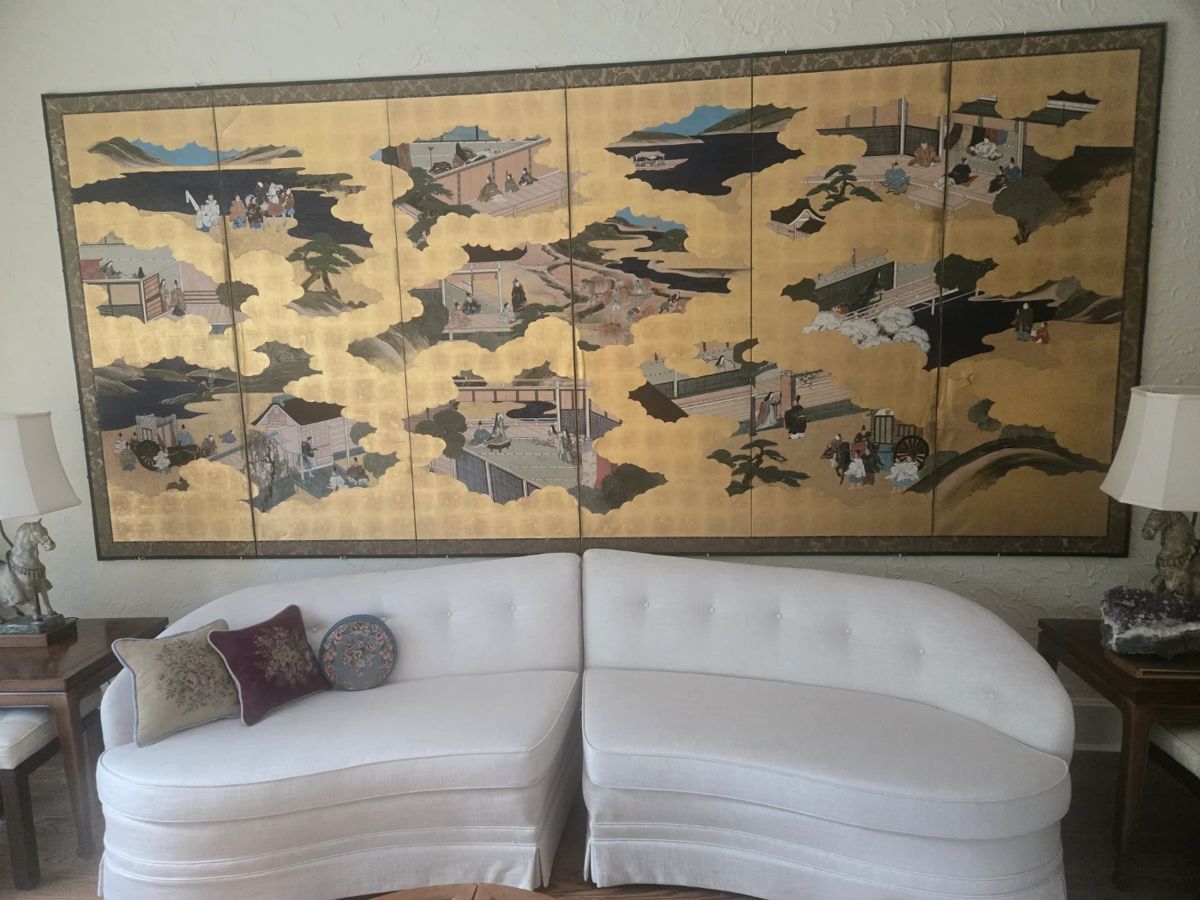 6 panel byobu Japanese screen                                                                              Ink and colors on paper with gold base                                                                    Depicts 10 scenes from the Tales of Genji                                                           67 1/2" by 147 1/2