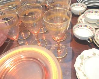 Pink depression glass plates and goblets