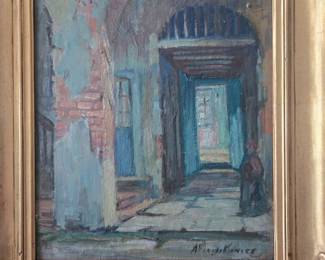Original oil on canvas, artist Alberta Kinsey "Old New Orleans Courtyard with Door"