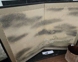 2 panel Japanese folding screen                                                              Ink and colors on paper  with gold base                                                           Late 18th to early 19th century,  35" by 49"