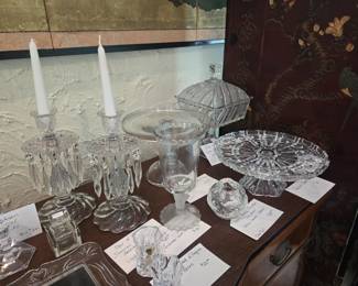 Various crystal pieces -Waterford picture frame, 2 cake platters, antique mantle lusters (hurricanes also available)