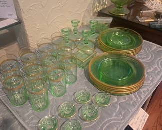 Green uranium glass dessert set-plates, glasses candleholders, cigarette box and individual ashtrays