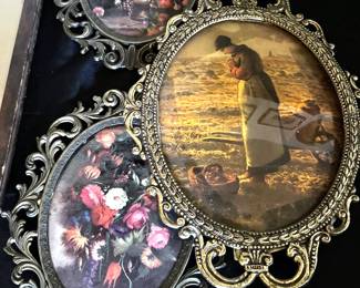 Oval convex brass-framed items: prayer over potato harvest + Italian floral prints