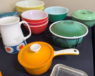 Vintage Pyrex bowls, Descoware enamel-coated covered pots