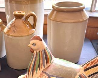 Stoneware jugs/crocks + chicken tureen