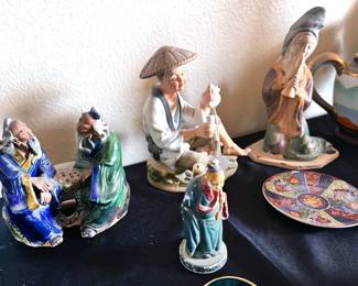 Chinese Tang dynasty style Shiwan mudmen figures: laborer, men playing chess, wiseman, fisherman)