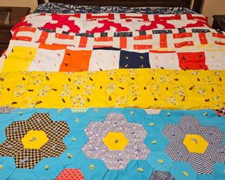 Handmade Quilts and a kind bed with new mattress 