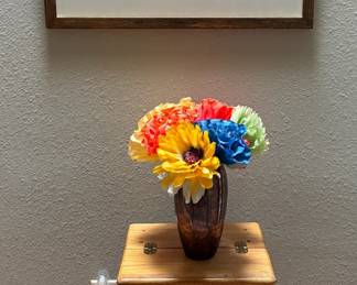 Step stool, Lou Henry Nambé heritage vase, Mexican flowers