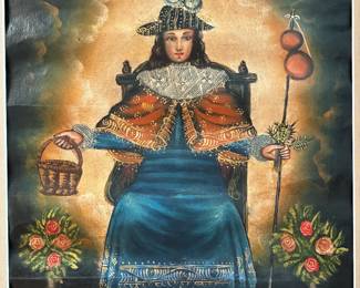 Old Cuzco, Peru Spanish colonial period oil on canvas painting, Santo Niño de Atocha, close up