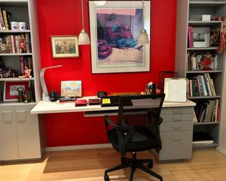 Cartwright lumbar support office chair, office supplies. The built-in shelves are not for sale.