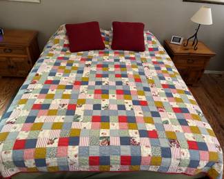 Vintage patchwork quilt queen size, queen size mattress and frame