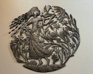 Handmade Haitian metal art young lady and birds