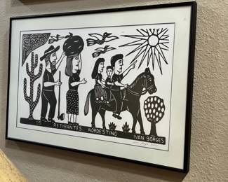 Ivan Borges Northeast Brazilian folk art woodcut print 'Os retirantes nordestino'