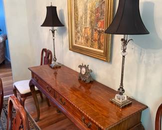 side table buffet , lamps, picture, clock