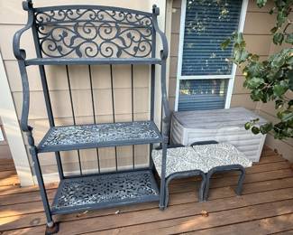 outdoor bakers rack, footstool chairs, storage bin