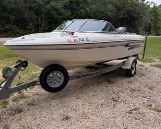 1997 Sunbird 170 fish and ski boat. 90 hp 25 stroke. Fires right up. Body and trailer are in sound condition. Steering is locked up. 