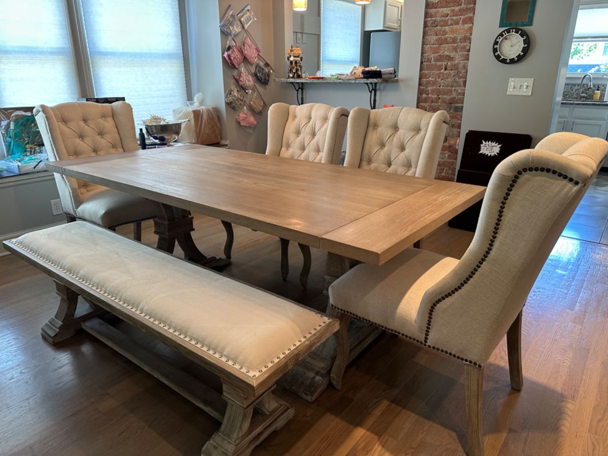 Z Gallerie Archer Dining Room Table- Wash Oak- 4 Chairs and Bench. Table has 2 leaves. 78" to possible 110" with leaves.