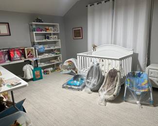 Baby Bed with Mattress, Large Shelf, 2 padded chic nightstands, Lots of baby items