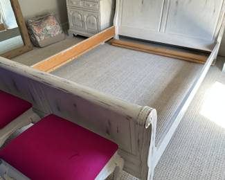 Distressed solid wood Queen Bed Frame, matching night stands and 2 matching stools available. 