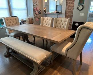 Z Gallerie Archer Dining Room Table- Wash Oak- 4 Chairs and Bench. Table has 2 leaves. 78" to possible 110" with leaves.