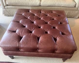 $380 Square tufted leather ottoman. 37"sq. x 17"h. as found issue photo follows