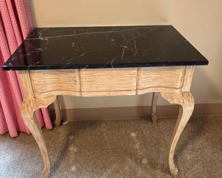 $120. Carved wood base and marble top table or desk. 32"w x 21"d x 28"h.