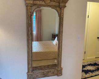 $480. A large carved vintage mirror. 29.5 inches wide by 74 inches high by 5.25 inches deep.
