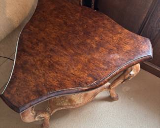 $340. Triangular vintage table with beautiful wood top and patina base. One shelf at the base. 24.5"d x 27"w x 26"h.