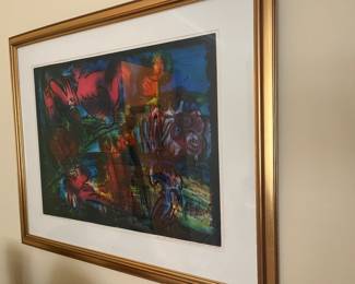 $600. “ Perhaps the Space Beyond Chickens” abstract art by Pilchuck Glass School artist Glen Alps dated 1987. 32.75 inches wide by 27 inches high.