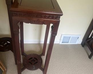 $70. One of two rosewood plant stands. 13 in.² by 30 inches high. As found photo follows