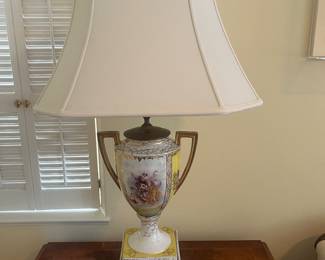 $160 Antique hand painted porcelain lamp. 36 inches high.