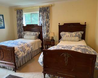 $400. A pair of Antique twin beds. 47 inches wide by 60 inches high for the headboards and 47 inches wide by 33.5 inches high for the foot boards. Bedding sold separately.