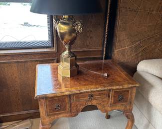 $390 Three drawer burlwood inlaid table. 30"w x 20"d x 28.5"h.