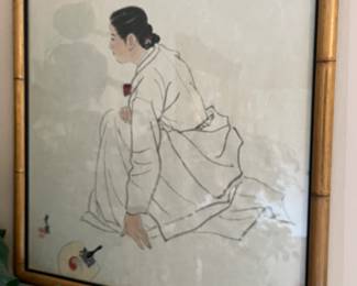 $290. An original piece depicting a woman done on rice paper. Bamboo style frame is 23 inches wide by 25 inches high. The art is 20.75 inches wide by 22.75 inches high.