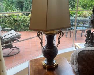 One of a pair of lamps available for sale during in person shopping. each is 32 inches high to the finial.