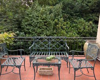 Iron bench, 2 side chairs and coffee table. Bench is 48"w x 24"d x 32"h. Chairs are 24"w x 20"d x34"h. Table is 17"d x 27"w x 18.5"h.