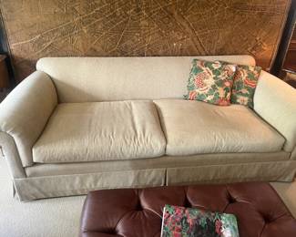 $120. Custom upholstered sofa. 86" w x 38" d x 28"h. Close up of the sofa fabric.
