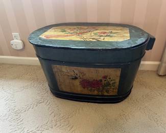 $300. A hand painted lidded wooden tub. 31 inches wide by 19.5 inches deep by 16 inches high.