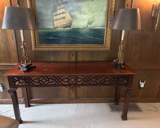 $180. Carved wood console. 69"w x 20"d x 32.5"h.