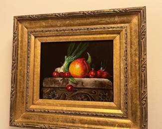 S. Pollard oil still life. Fennel, cherries and an urn. 16.5 inches wide by 14.75 inches high.