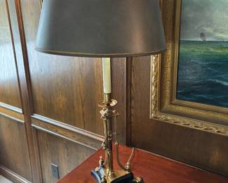 Second of the pair of brass and marble lamps.