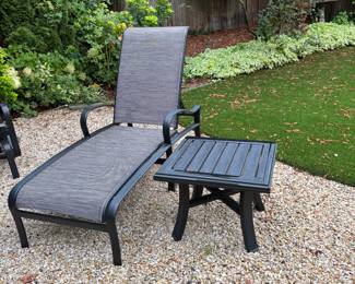 Tropitone chaise lounge and one of a pair of sides tables 24' sq. x 24"h.