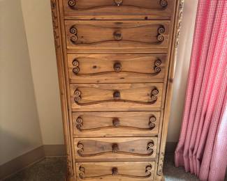 $340. Seven drawer carved chest. 24" w x 17.5"d x 49.5"h. Originally $1995