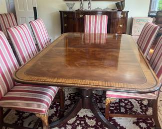 Baker Furniture ribbon inlaid dining table with 10 chairs also from Baker. Three 19" leaves and protective pads come with the set. As seen the table is 78"l x 48"w x 29"h. With all three leaves table can be a maximum length of 135”.