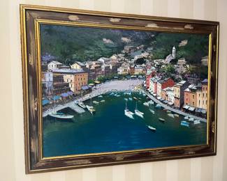 $620. “Portofino” by Antonio Iannicelli. Art is 39 inches wide by 27 inches high. Frame is 45.5 inches wide by 34.5 inches high.